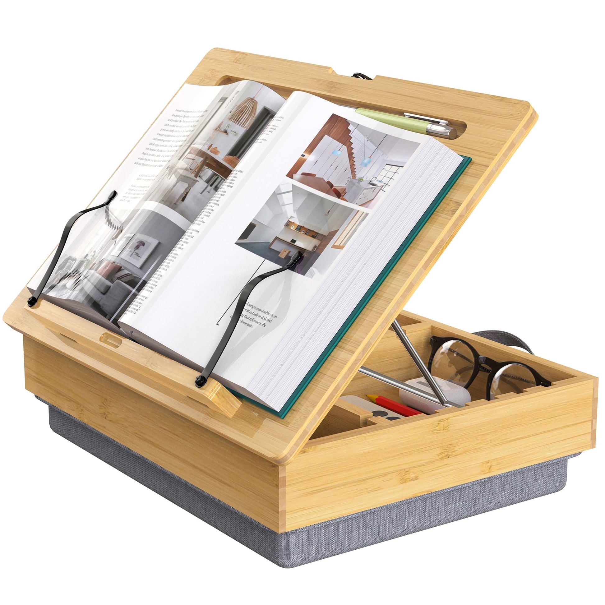 AboveTEK Book Stand for Reading with Storage, Adjustable Bamboo Book Holder with Soft Lap Cushion