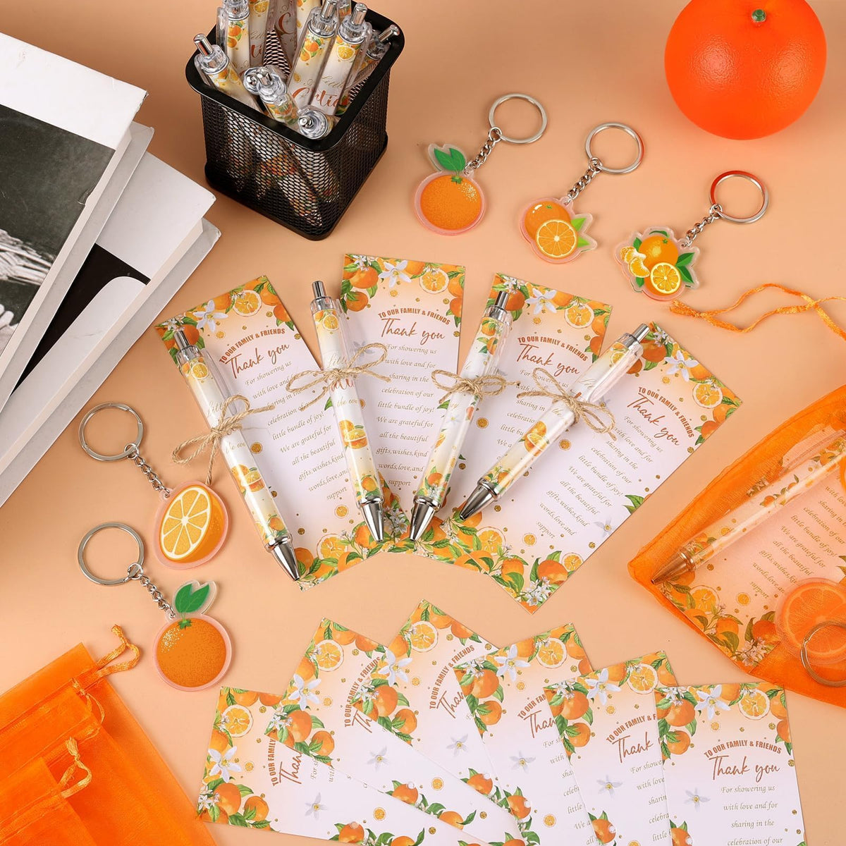 EYNDYN 145 Pieces Little Cutie Baby Shower Favors for Guest Orange Ballpoint Pens and Keychains