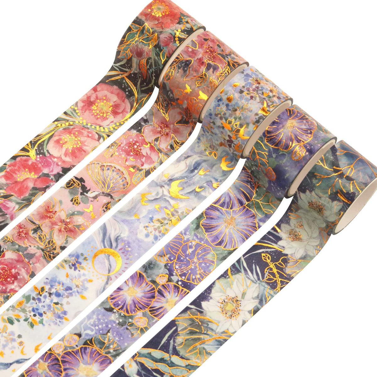 YUBBAEX Blooming Washi Tape Set Gold Foil Masking Tape Peony Wide Decorative for Arts, DIY Crafts