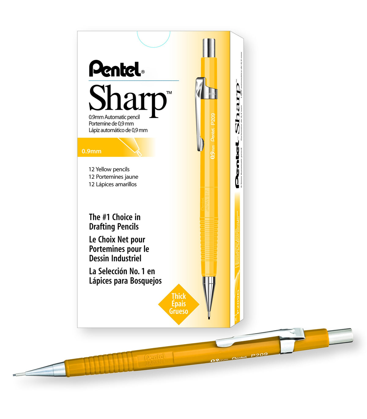 Pentel Sharp Mechanical Pencil, 0.9mm Lead Size, Yellow Barrel, Box of 12 Pencils (P209G)