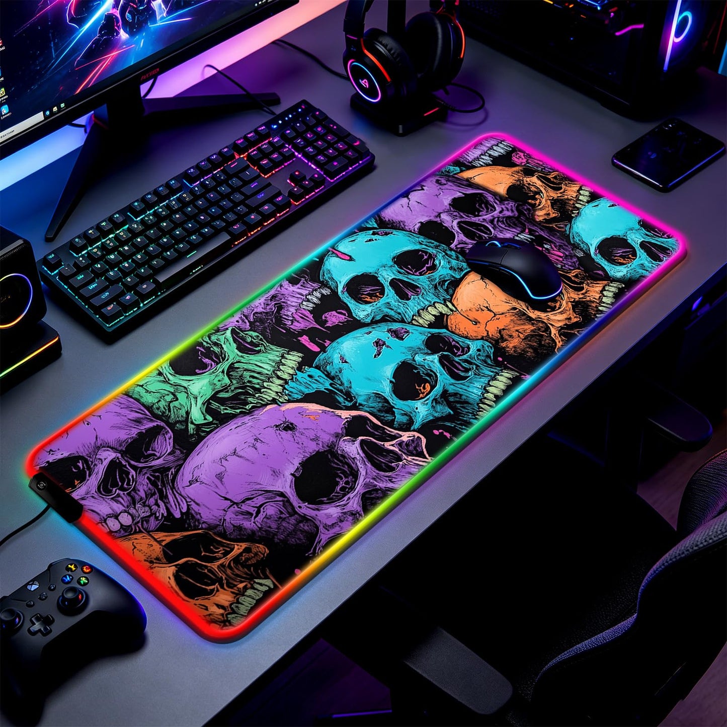 JIANG100 RGB Dark Gothic Skull Design Gaming Desk Mat & Mouse Pad, XL