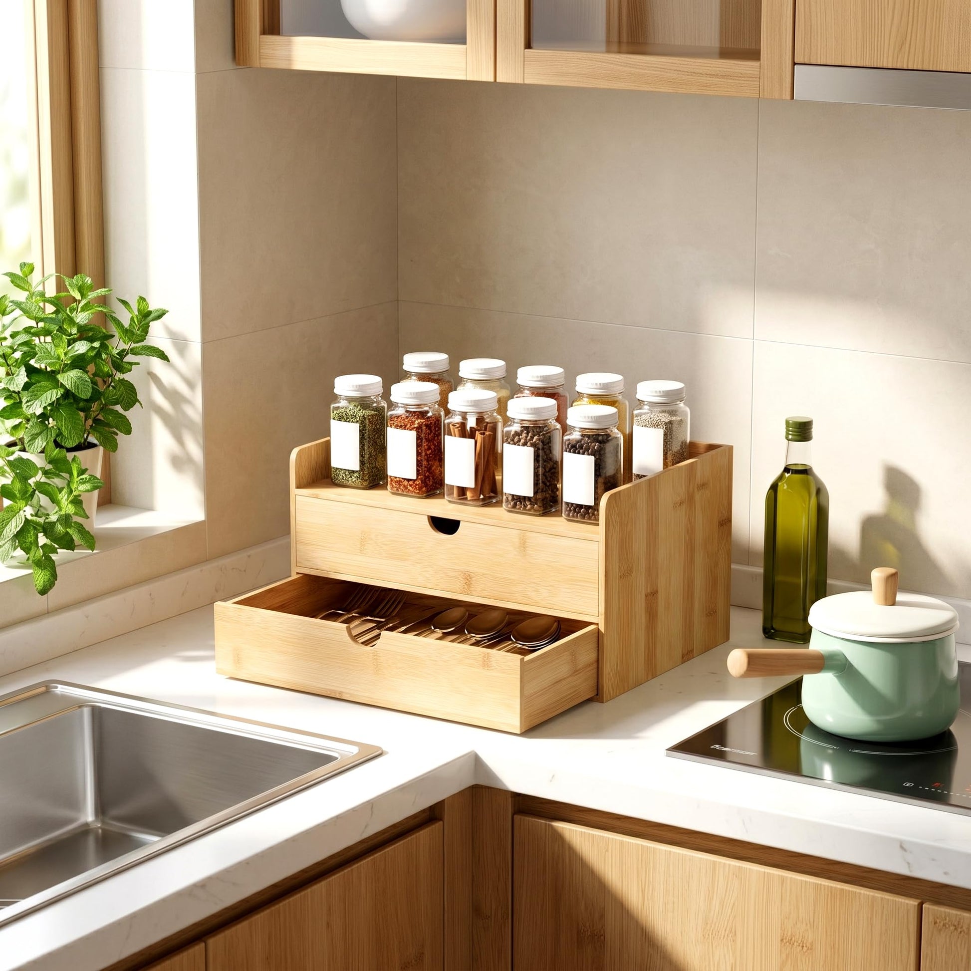Bamboo Desk Organizer with Drawers, Desktop Storage for Office Supplies