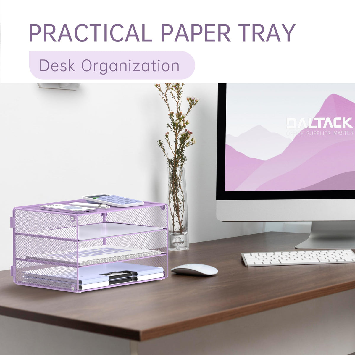 DALTACK 3 Tier Letter Tray Paper Organizer with Sliding Mesh Trays Purple