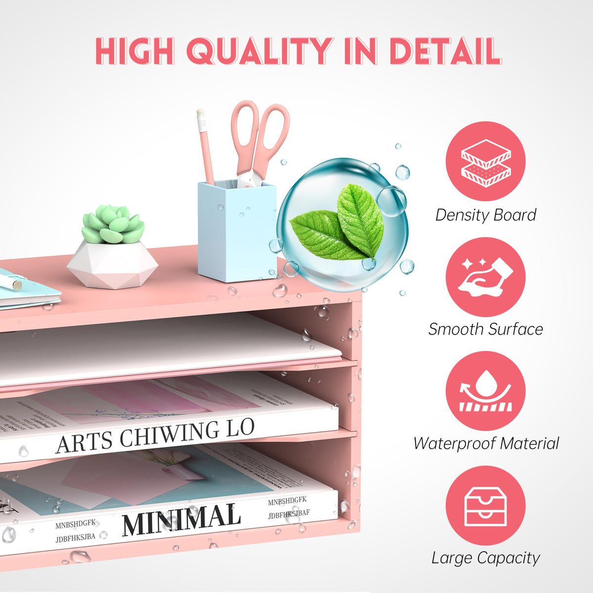 3 Tier Wood Desk Organizer, Mail Sorter and Paper Organizer for Desk, Pink