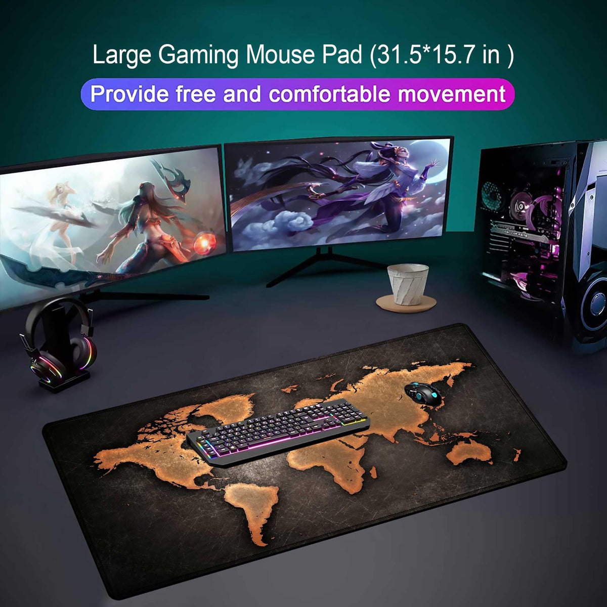 Black World Map Mouse Pads for Desk, Large Mouse Pad with Stitched Edges 31.5" × 15.7" inch.Gaming