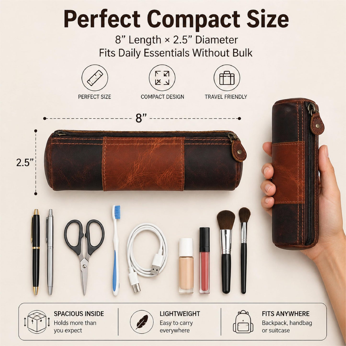TheAntiq Genuine Leather Pencil Pouch, Handcrafted Zipper Organizer Case with Wrist Strap, Durable