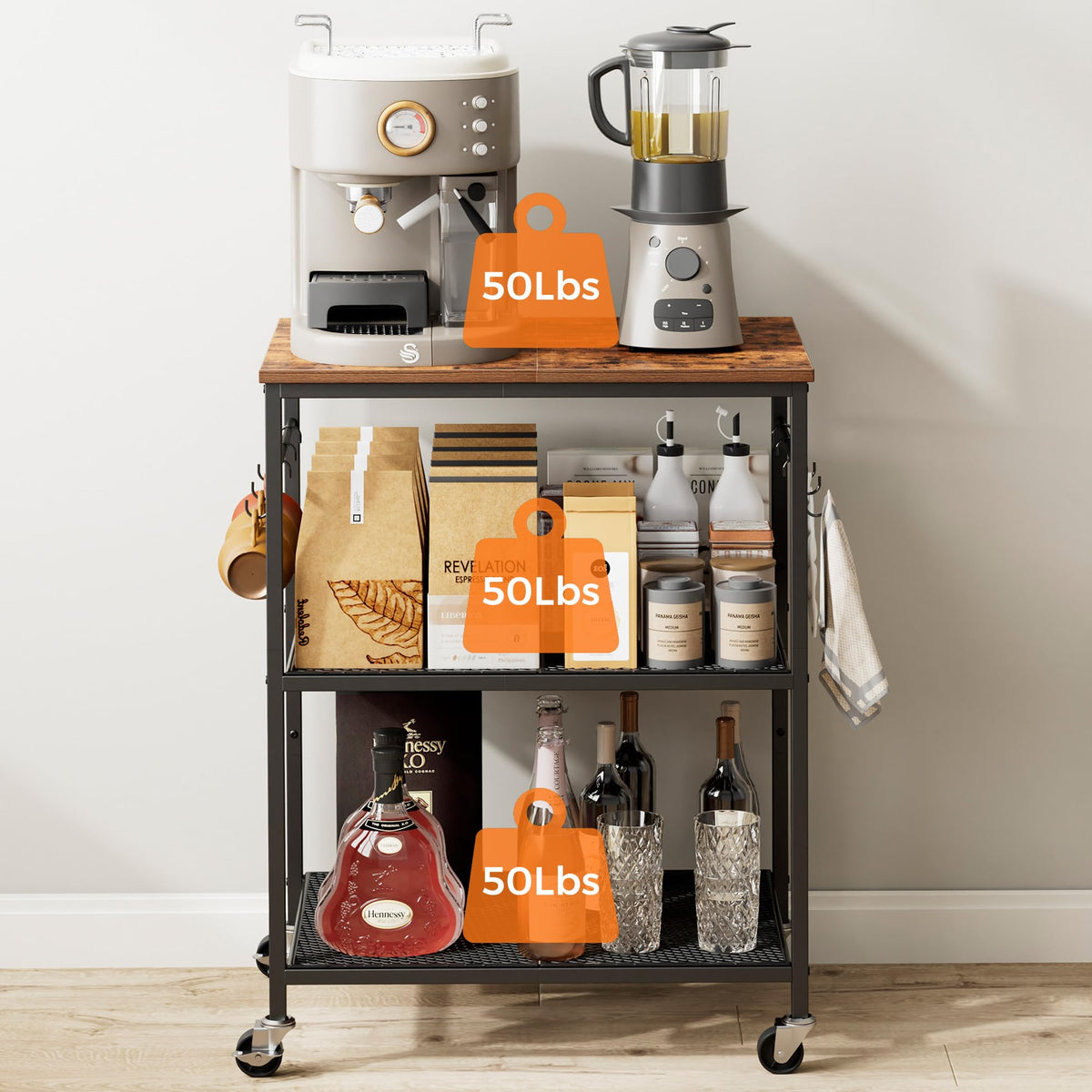 Homleke 3-Tier Rolling Kitchen Microwave Cart, Utility Cart