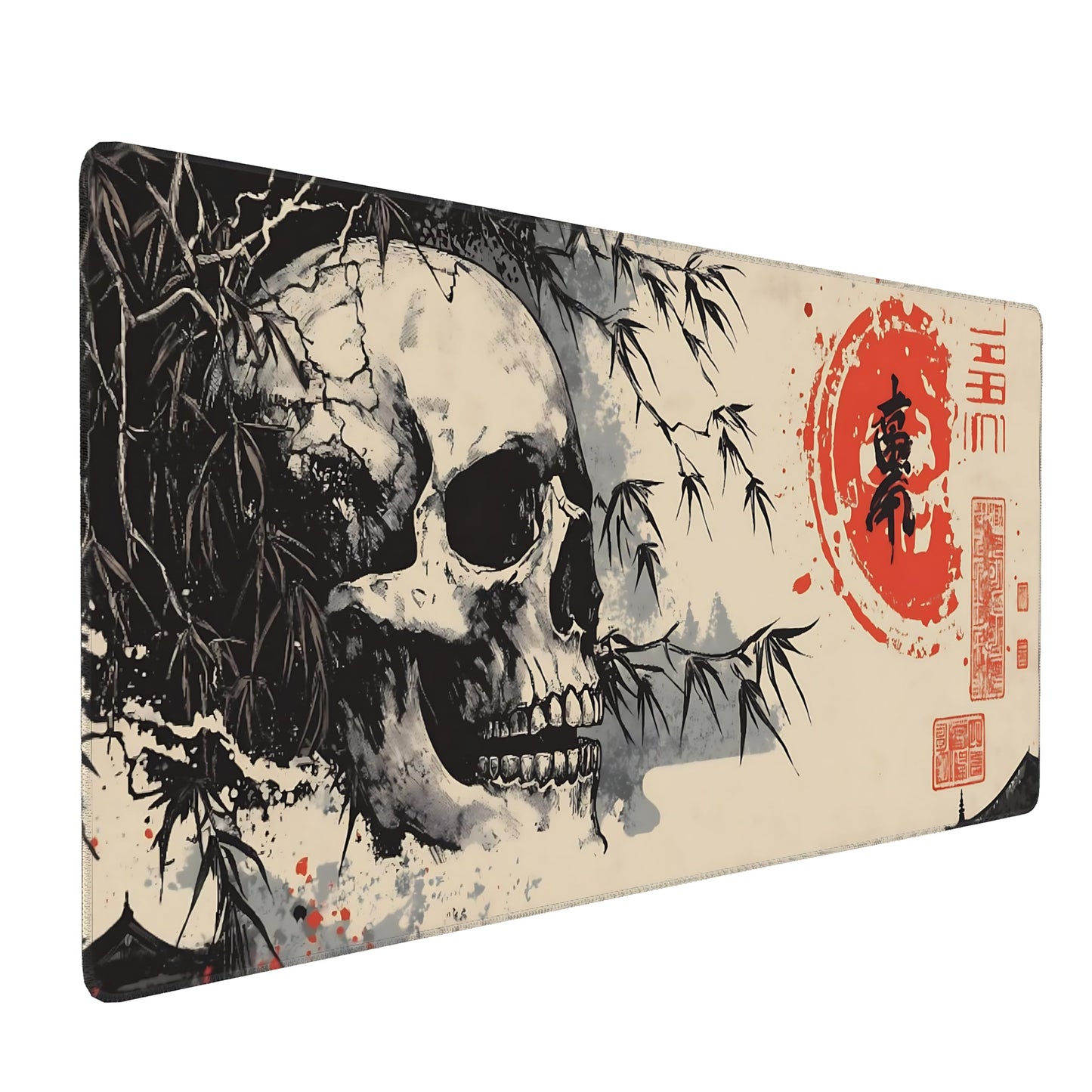Aesthetic Skull Gaming Mouse Pad, Beige Black Japanese Desk Mat with Anti-Slip Base & Stitched