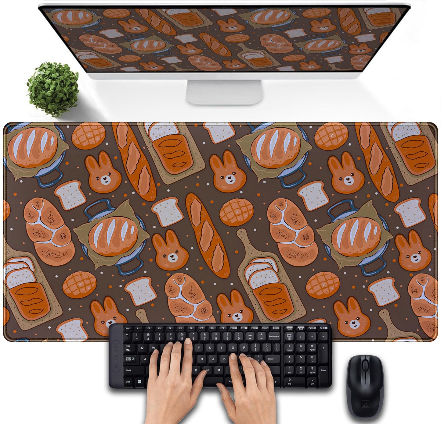 Kawaii Desk Mat Cute Mouse Pad Large Gaming Desk Pad, Bunny Bread Keyboard Mat Extended, Full