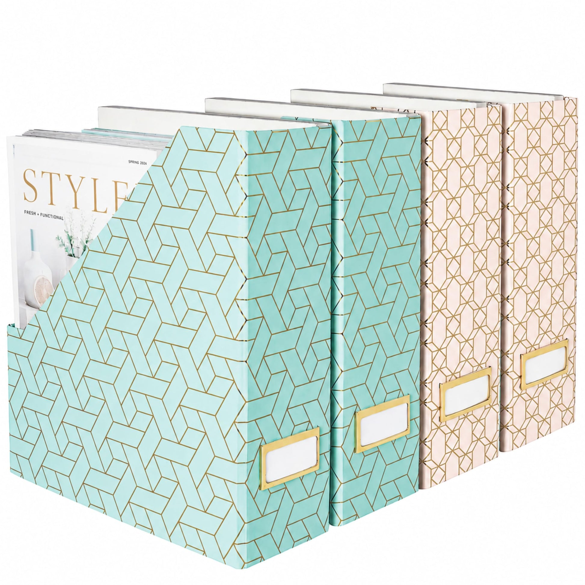 BLU MONACO | Set of 4 Foldable Pink & Aqua Magazine File Holders with Gold Geometric Patterns |