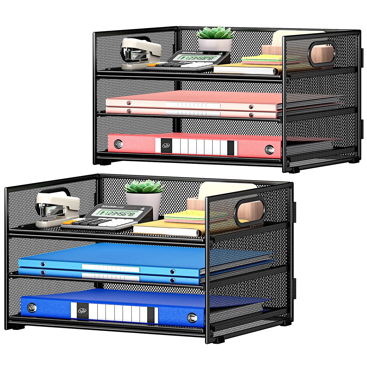 Subekyu 2-Pack 3-Tier Paper Letter Tray Organizer for Desk, Black Metal Mesh File Sorter Organizer