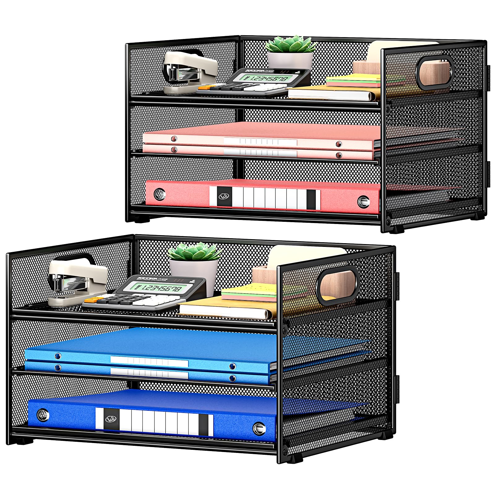 Subekyu 2-Pack 3-Tier Paper Letter Tray Organizer for Desk, Black Metal Mesh File Sorter Organizer