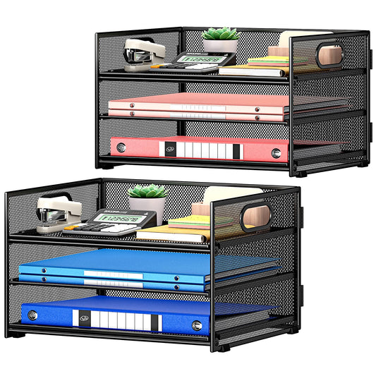 Subekyu 2-Pack 3-Tier Paper Letter Tray Organizer for Desk, Black Metal Mesh File Sorter Organizer