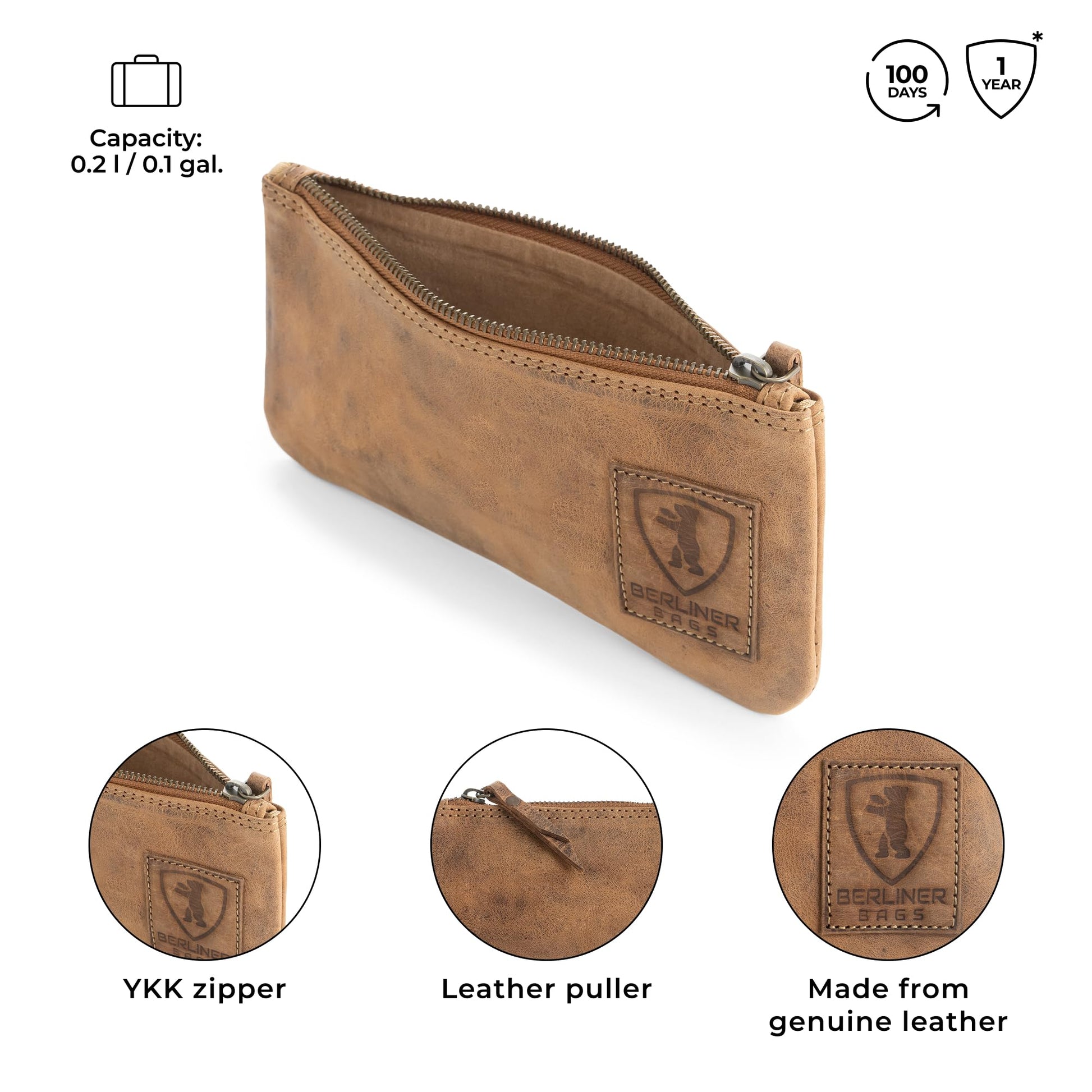 BERLINER BAGS Genuine Leather Pencil Case, Vintage Pen Pouch - Brown