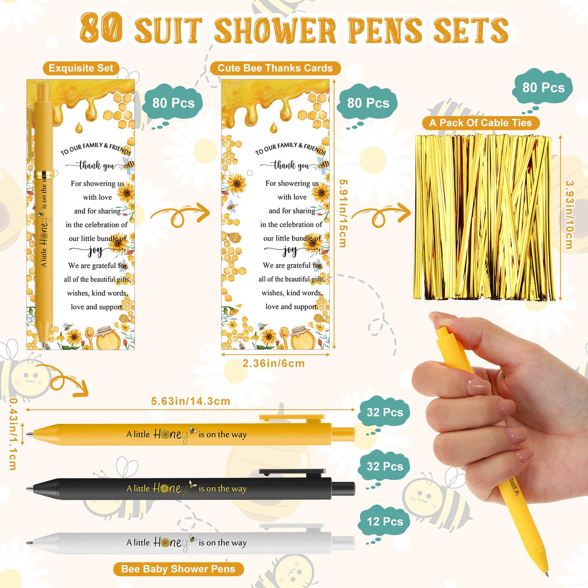 Engrowtic 80 Set Bee Baby Shower Gifts Pens for Guest Bee Themed Baby Shower Party Favors Ballpoint