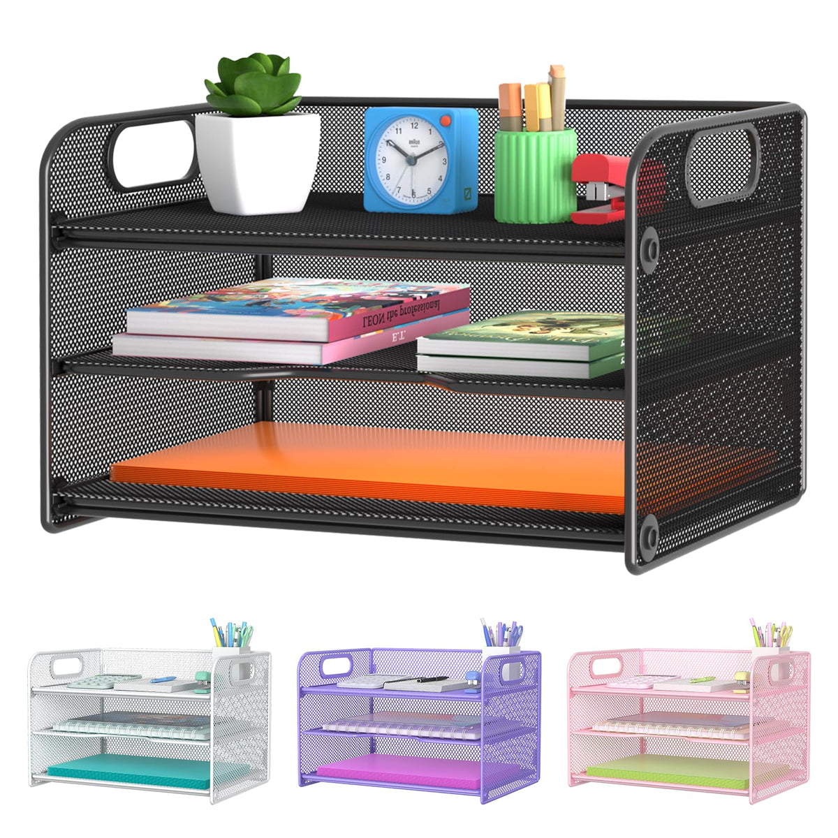 Samstar 3 Tier Letter Tray Paper Organizer with Handle, Mesh Desk Organizer Paper Sorter File Rack