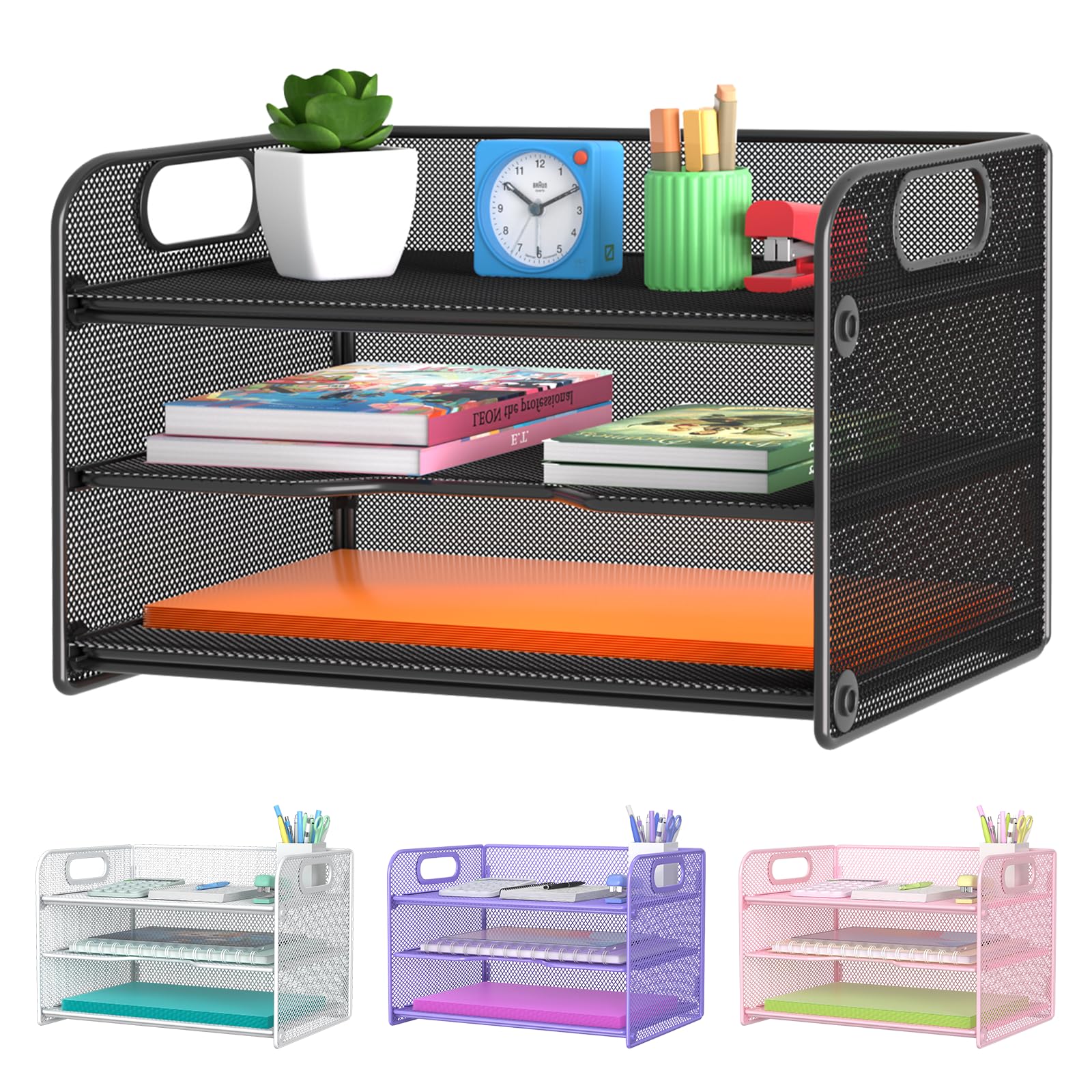 Samstar 3 Tier Letter Tray Paper Organizer with Handle, Mesh Desk Organizer Paper Sorter File Rack