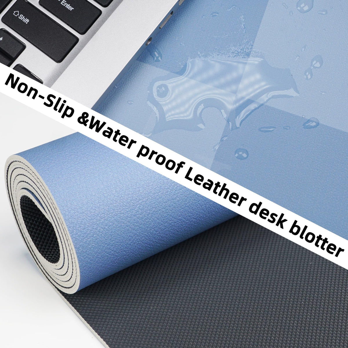 AFIING Light Blue Desk Mat 31.5" x 12", Waterproof PU Leather Desk Pad