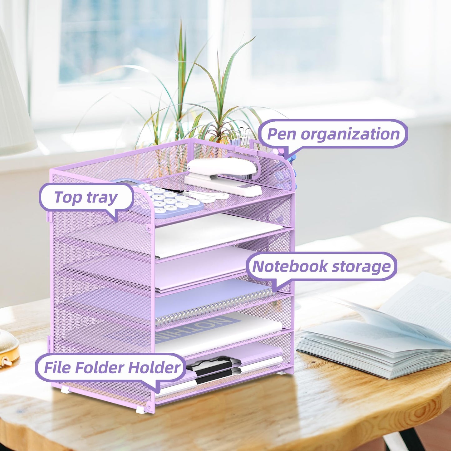 Supeasy 6 Tier Desk Organizer with 4 Pen Holders & Mesh Paper Trays Purple