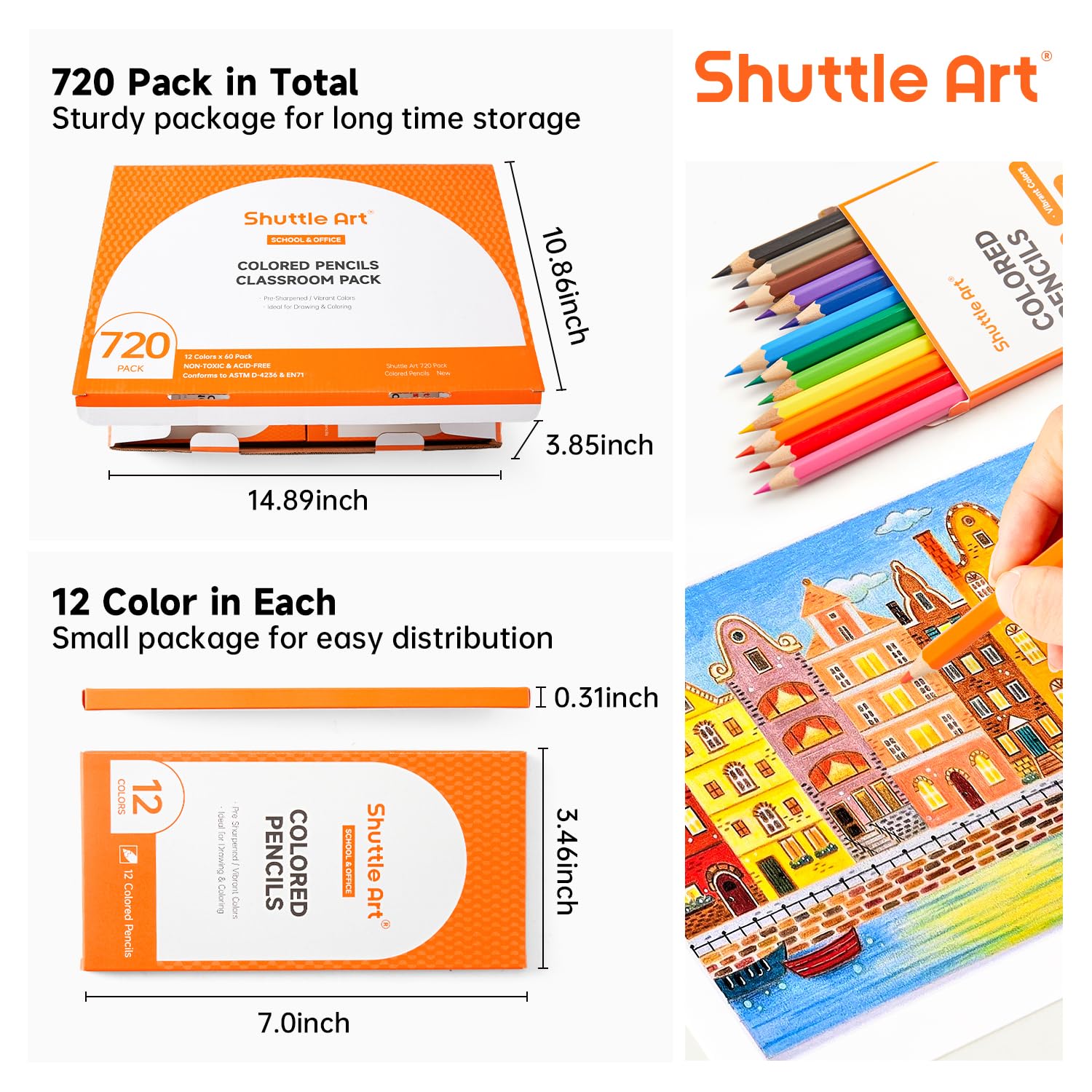 Shuttle Art 720 Colored Pencils Bulk, 12 Vibrant Colors, Pack of 60, Pre-sharpened Coloring