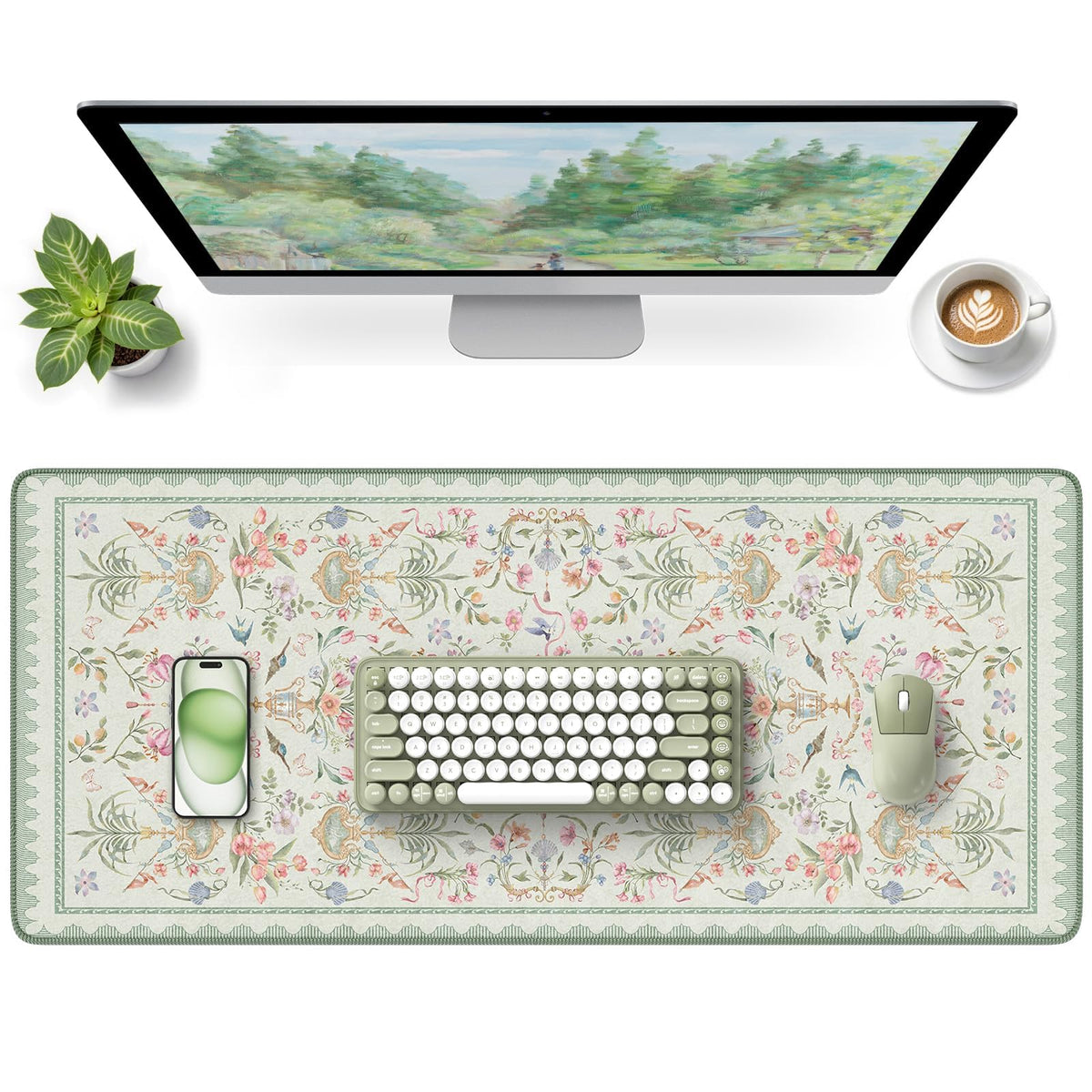 HAOCOO Green Desk Pad, 35.4" x 15.7" Vintage Floral Keyboard Mat for Office