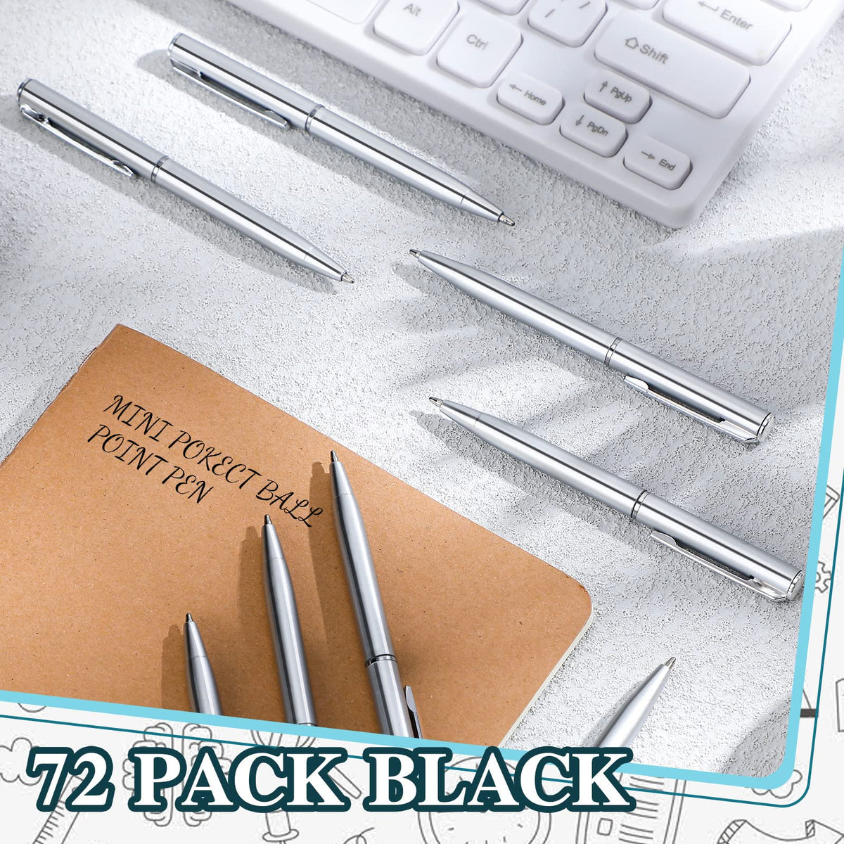 Teling 72 Pcs Small Ballpoint Pen Mini Pens Bulk 4 Inch,Silver