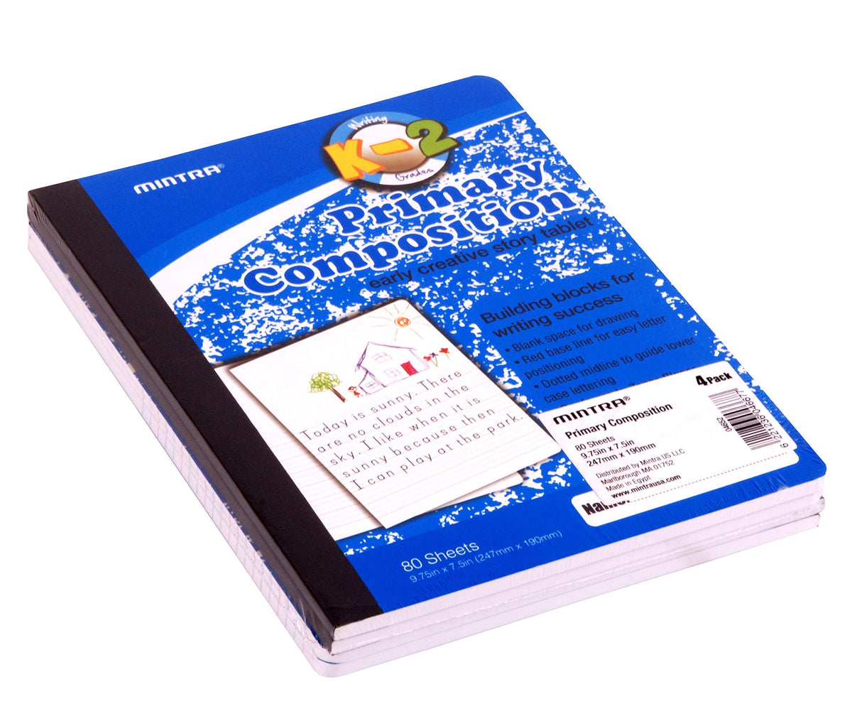 Mintra Primary Composition Notebook, 4 Pack, Blue Cover, 80 Sheets, 7.5in x 9.75in, 1/2 Sheet