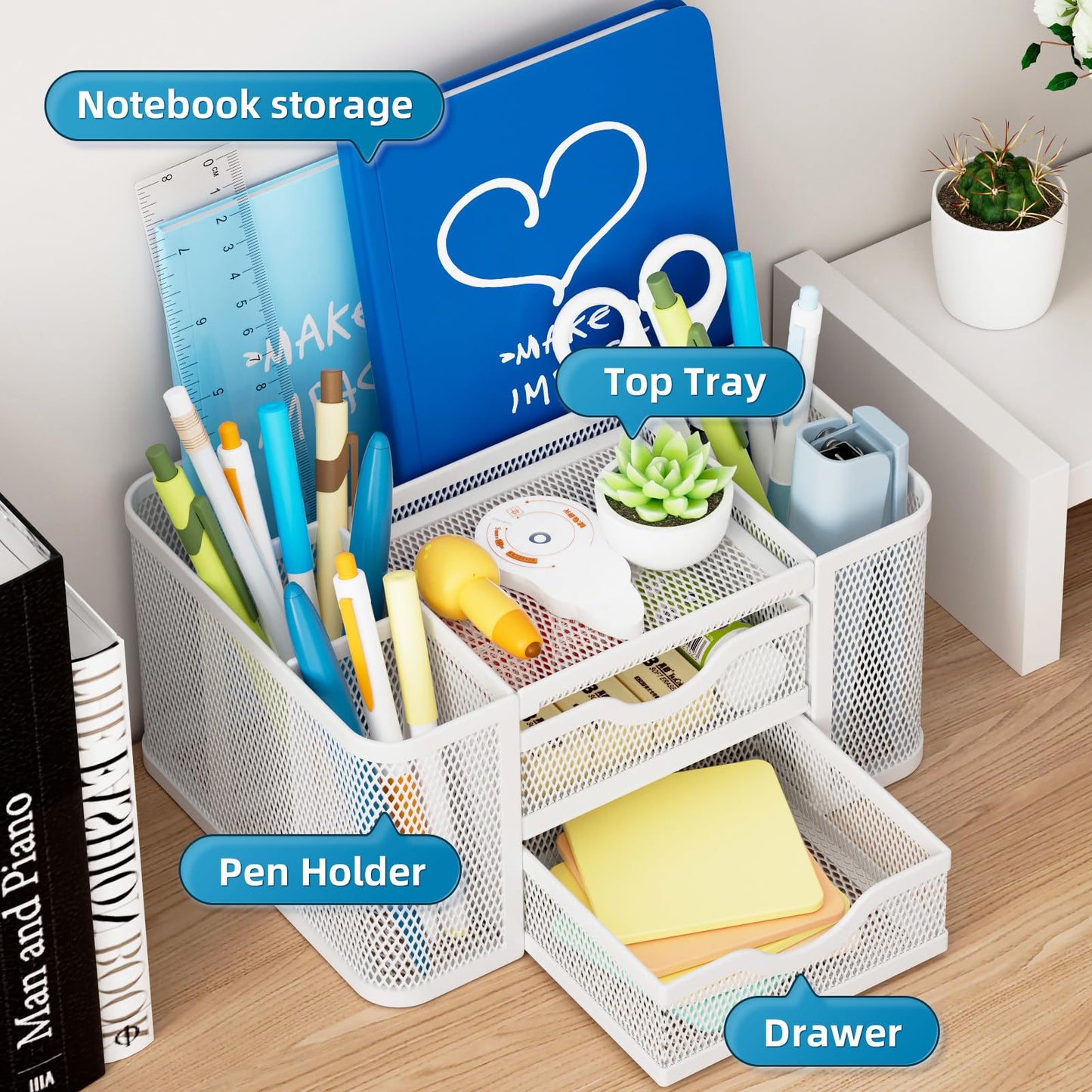 Marbrasse Mesh Desk Organizer, Pen Organizer with 2 Drawer, Multi-Functional Pencil Holder, Desk