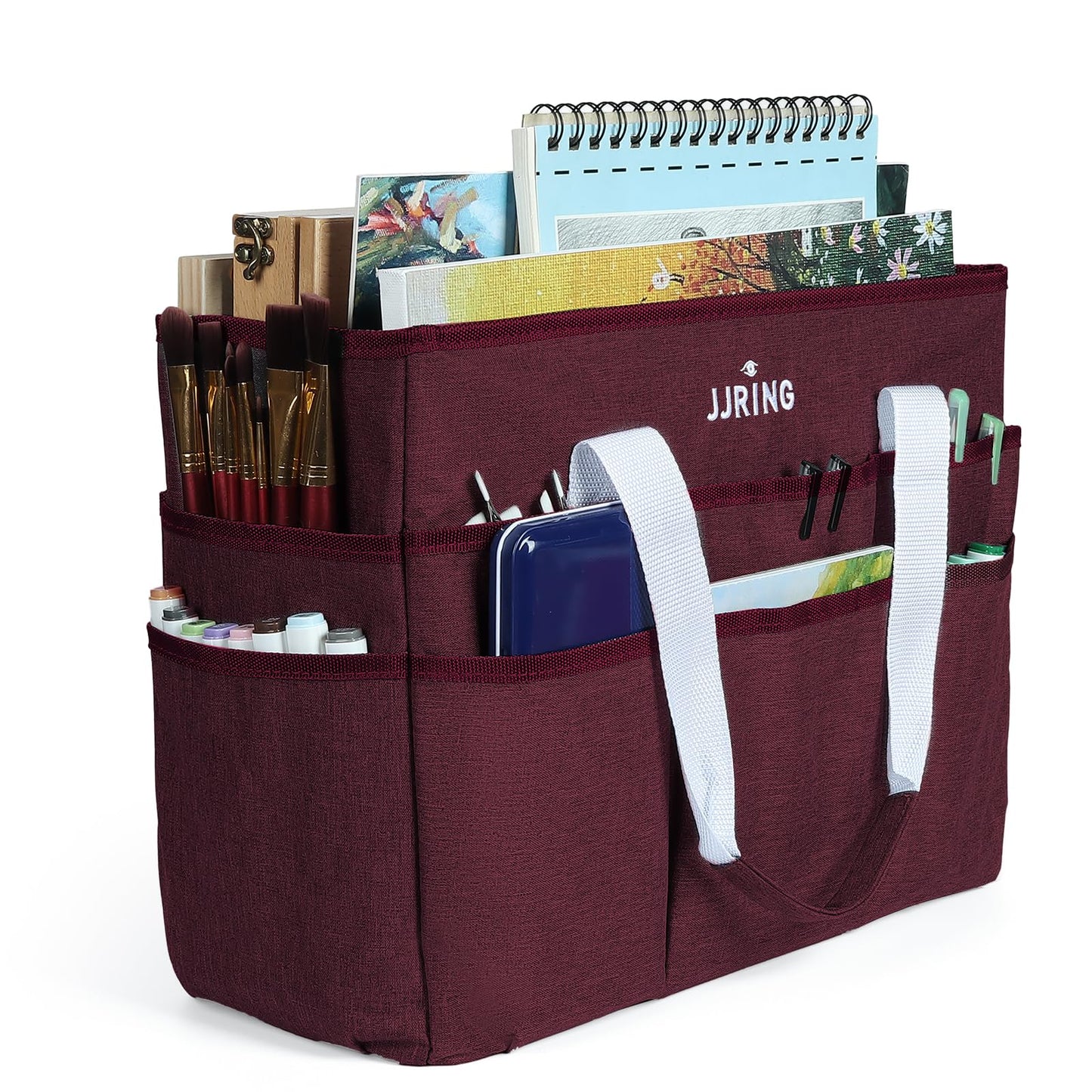 JJRING Craft Organizer Tote Bag Large Art Storage Caddy Dark Red