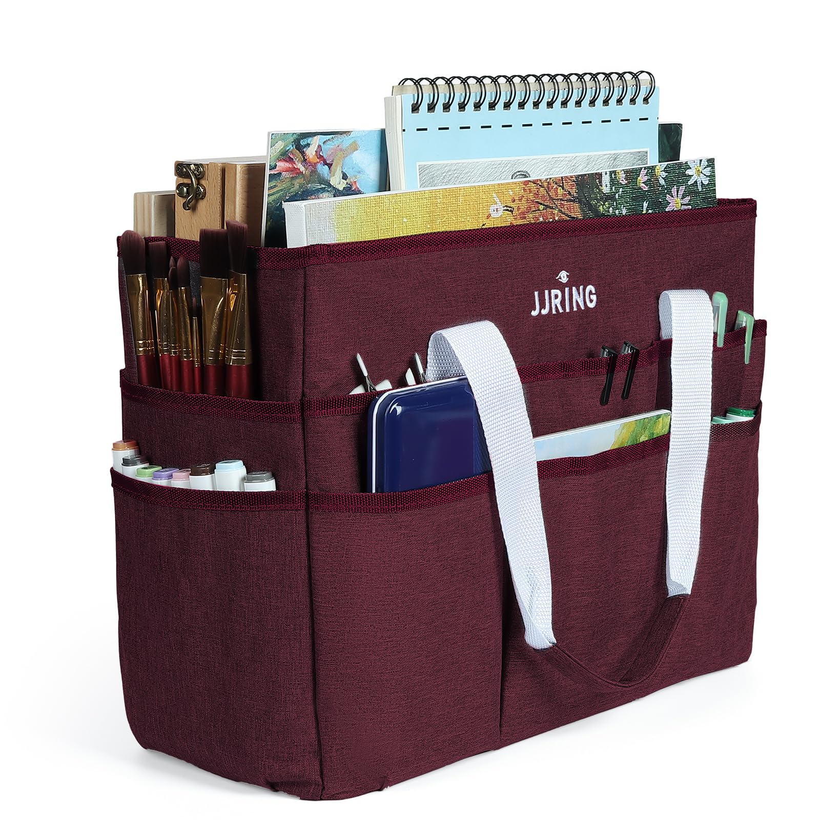 JJRING Craft Organizer Tote Bag Large Art Storage Caddy Dark Red