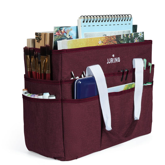 JJRING Craft Organizer Tote Bag Large Art Storage Caddy Dark Red