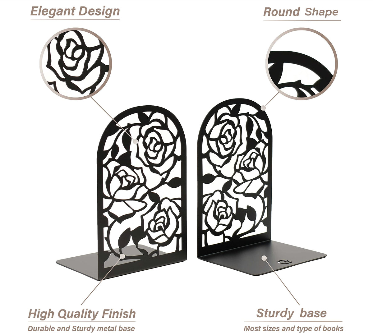 CNK Premium BookEnds - Heavy Duty Metal Book Stoppers for Home Office, Decorative Book Shelf