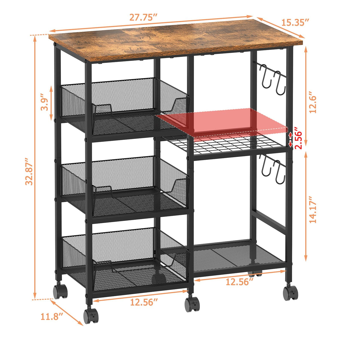 Rolling Kitchen Microwave Organizer Cart, Adjustable Shelves, Black