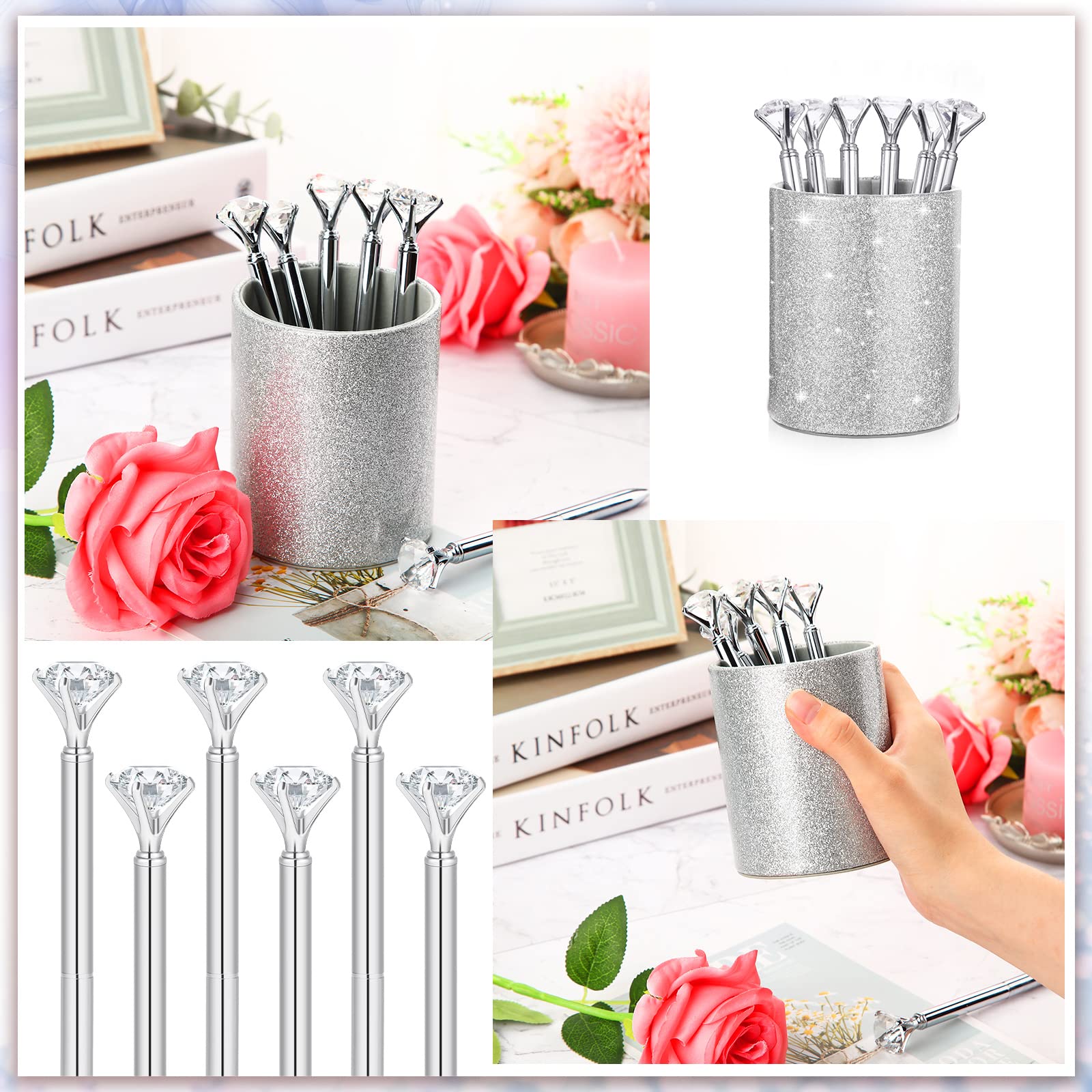 BBTO Pen Holder with 6 Pcs Bling Diamond Pens, Pencil Cups for Desk Glitter Bling Desk Organizer