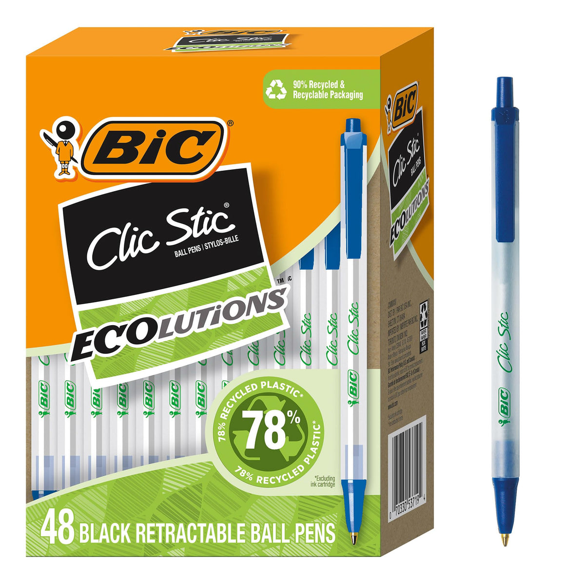 BIC Ecolutions Clic Stic Blue Ballpoint Pens, Medium Point, 48-Count