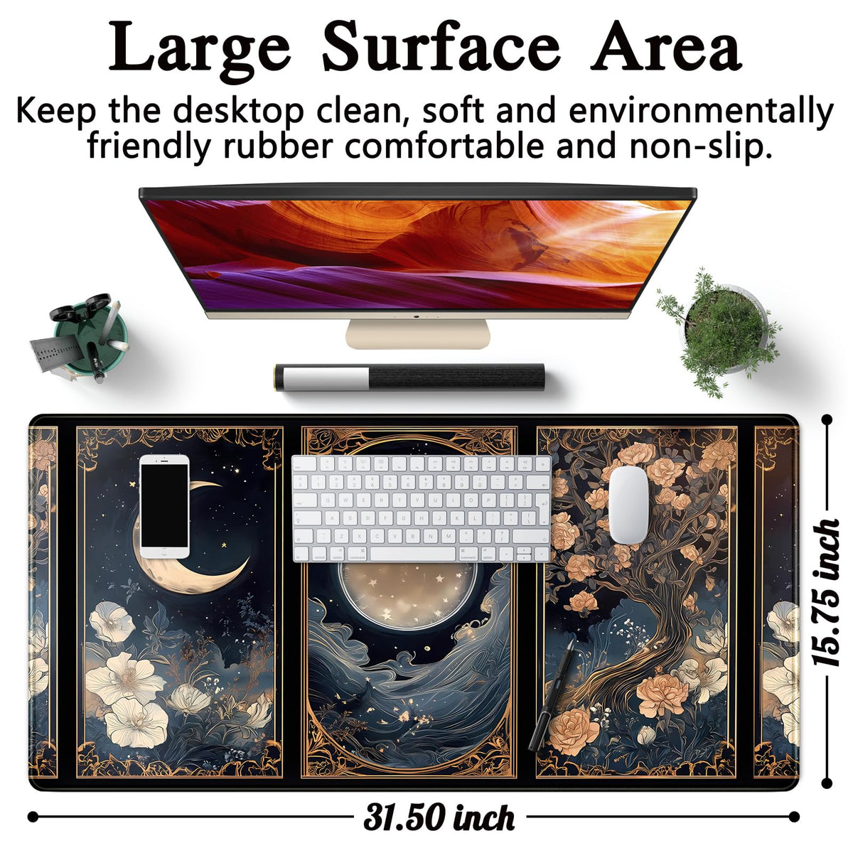 Celestial Lunar Nature Tarot Card Desk Mat Moon Floral Large Mouse Pad XXL 31.5''X 15.7'' Witch