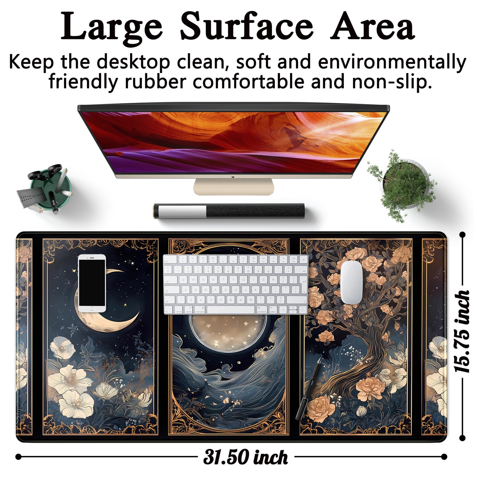 Celestial Lunar Nature Tarot Card Desk Mat Moon Floral Large Mouse Pad XXL 31.5''X 15.7'' Witch