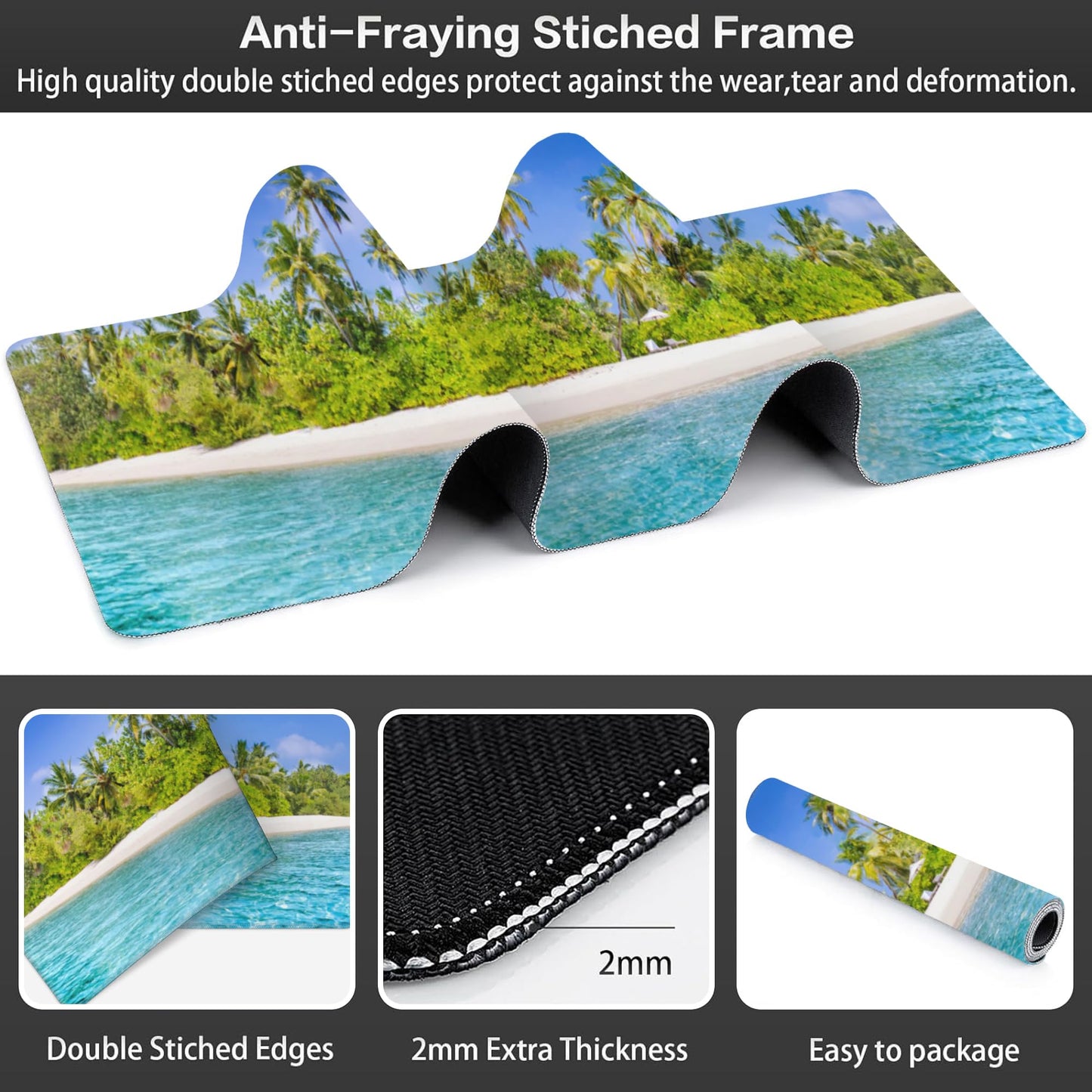 Tropical Nature Landscape Desk Mat,Large Summer Beach Seawater and Palm Trees Gaming Keyboard Mouse