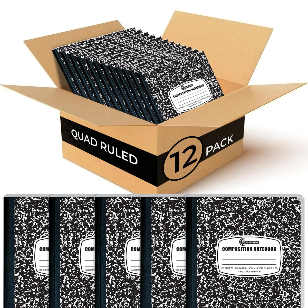 Rosmonde 12 Pack Graph Paper Composition Notebook, 4x4 Grid, 100 Sheets