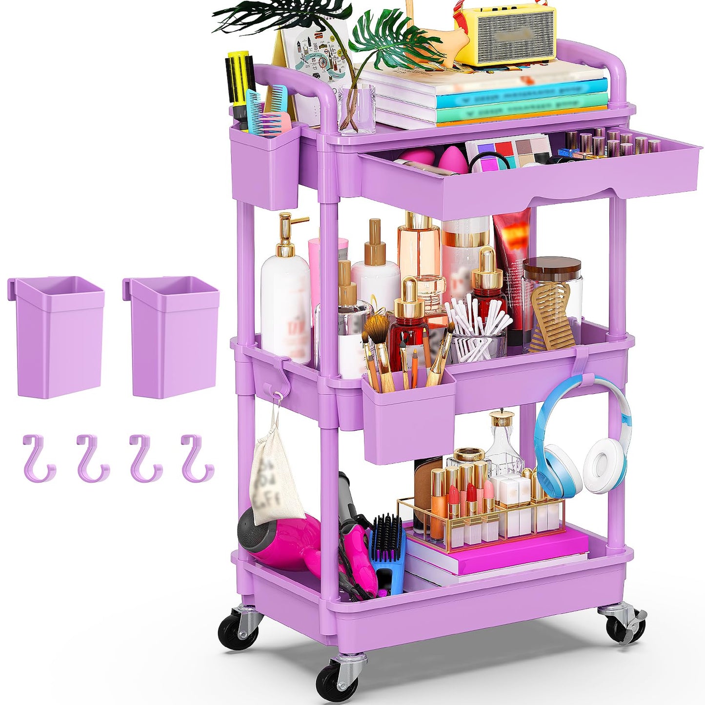 Goovilla 3 Tier Rolling Utility Cart Organizer with Removable Drawer,Purple
