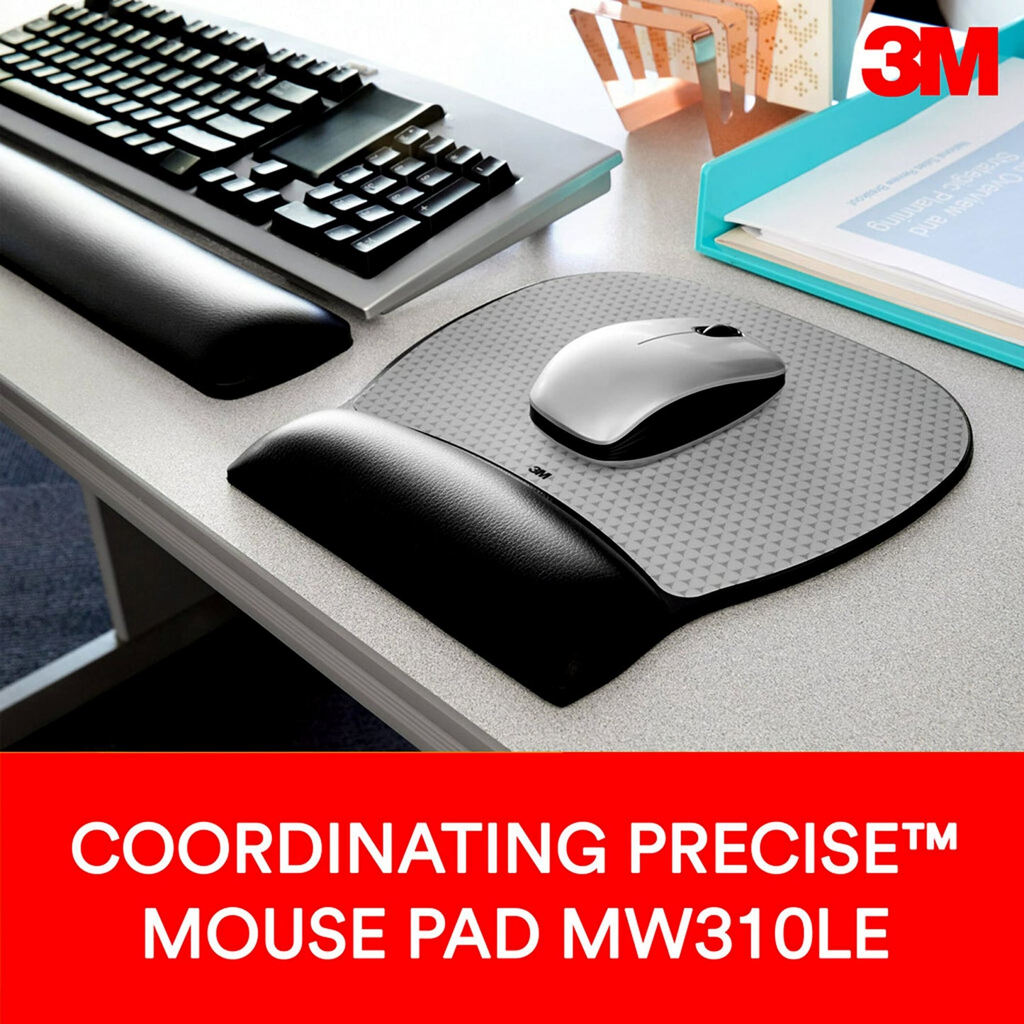 3M Keyboard Wrist Rest, Gel, Black Leatherette, Wired, Kp200le