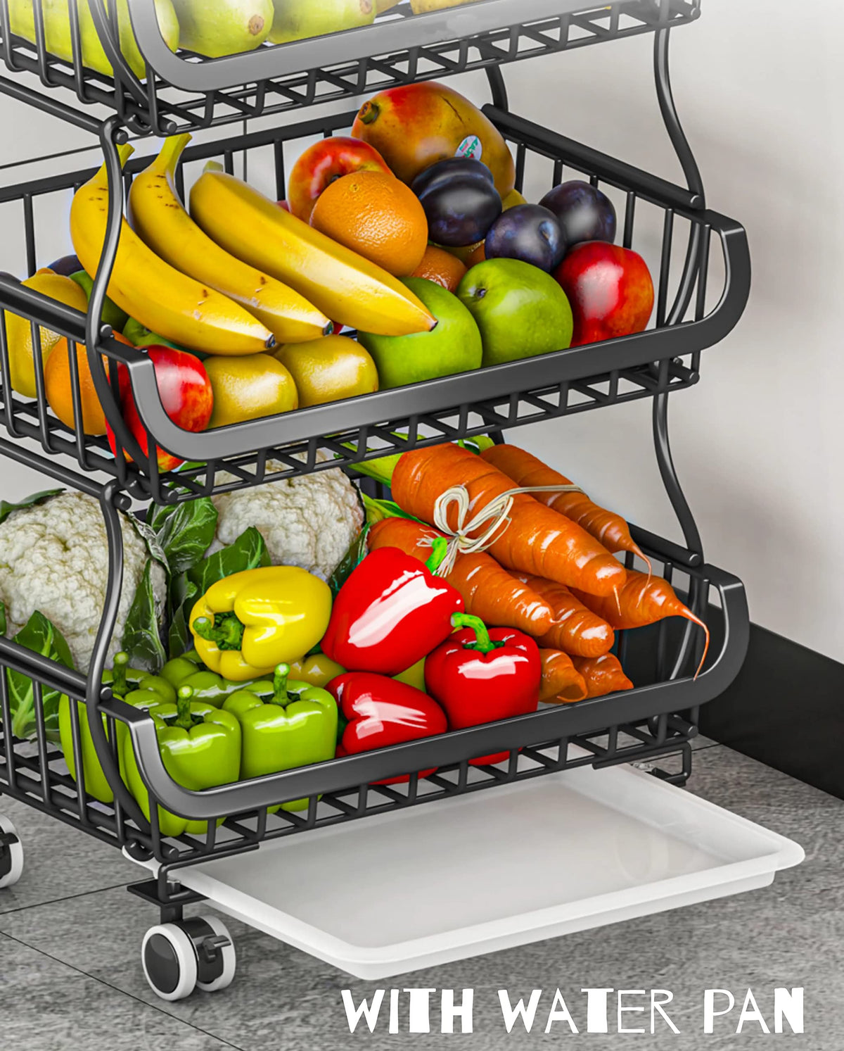 MURRI&MURRDI Fruit Vegetable Storage Baskets with Wheels, 6 Tier Stackable Wire Storage Baskets
