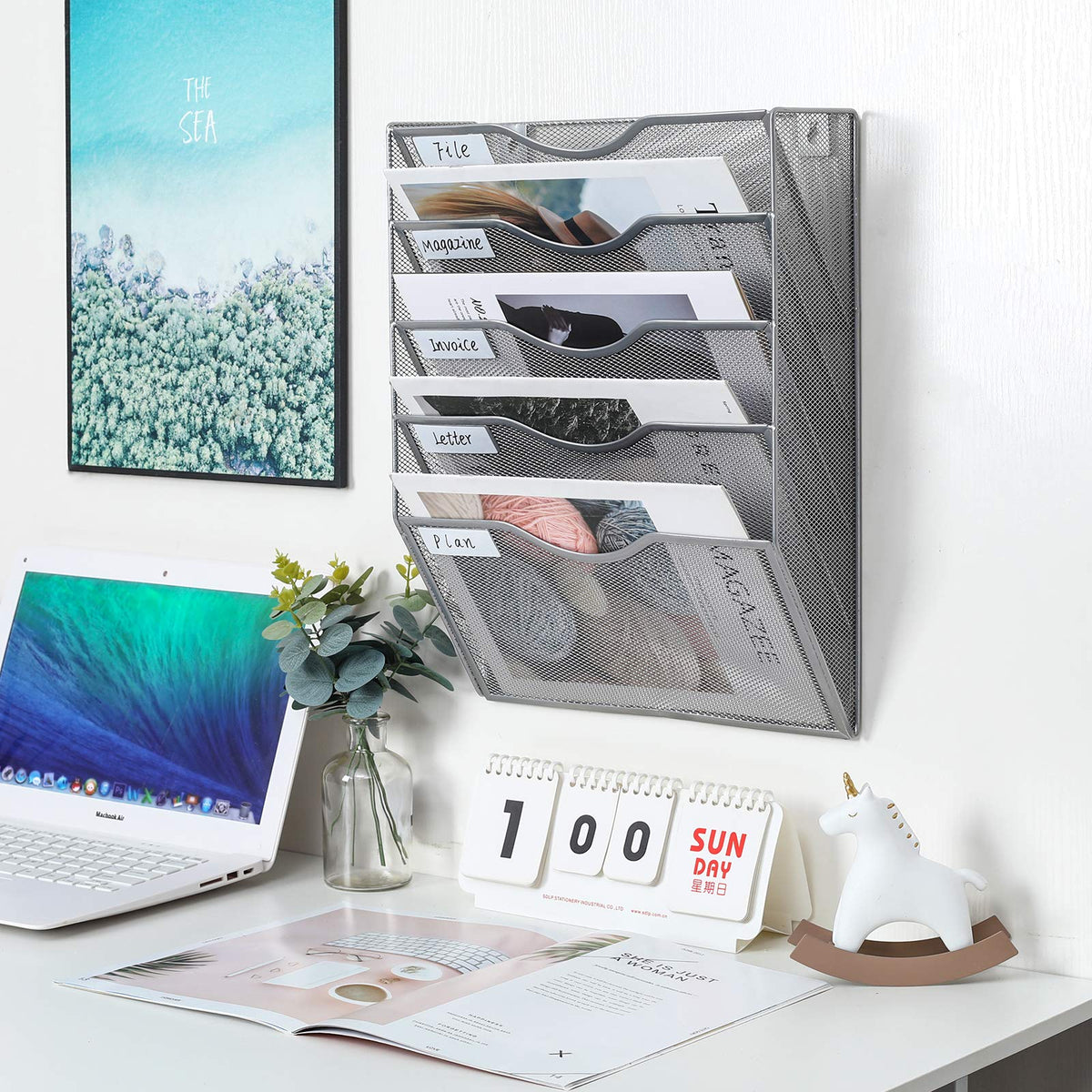 PAG-Mass Hanging Wall File Holder Mail Organizer Wall Mount Document Letter Rack, 5-Tier, Silver