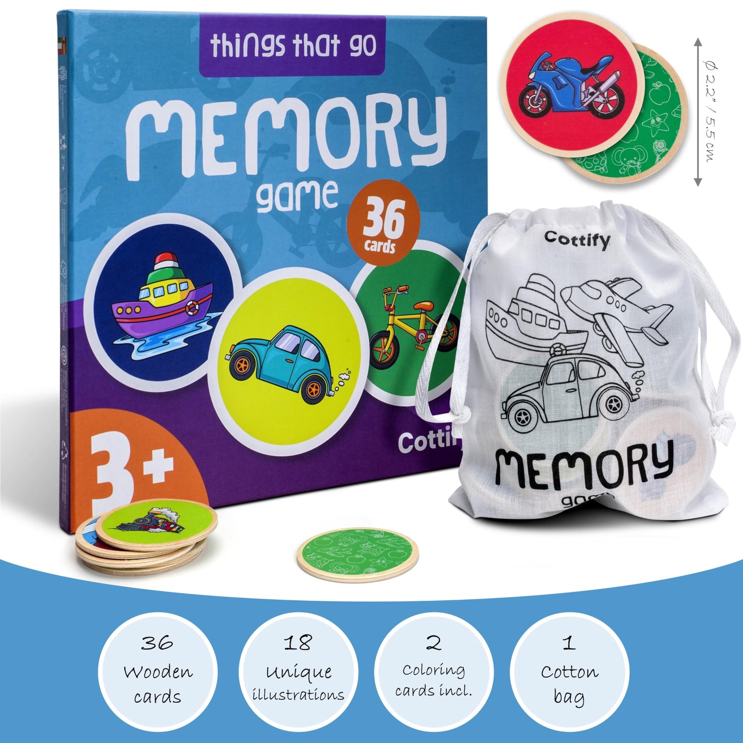 Montessori-Inspired Wooden Matching Game for Toddlers 2-4 Years - Things that Go - Durable