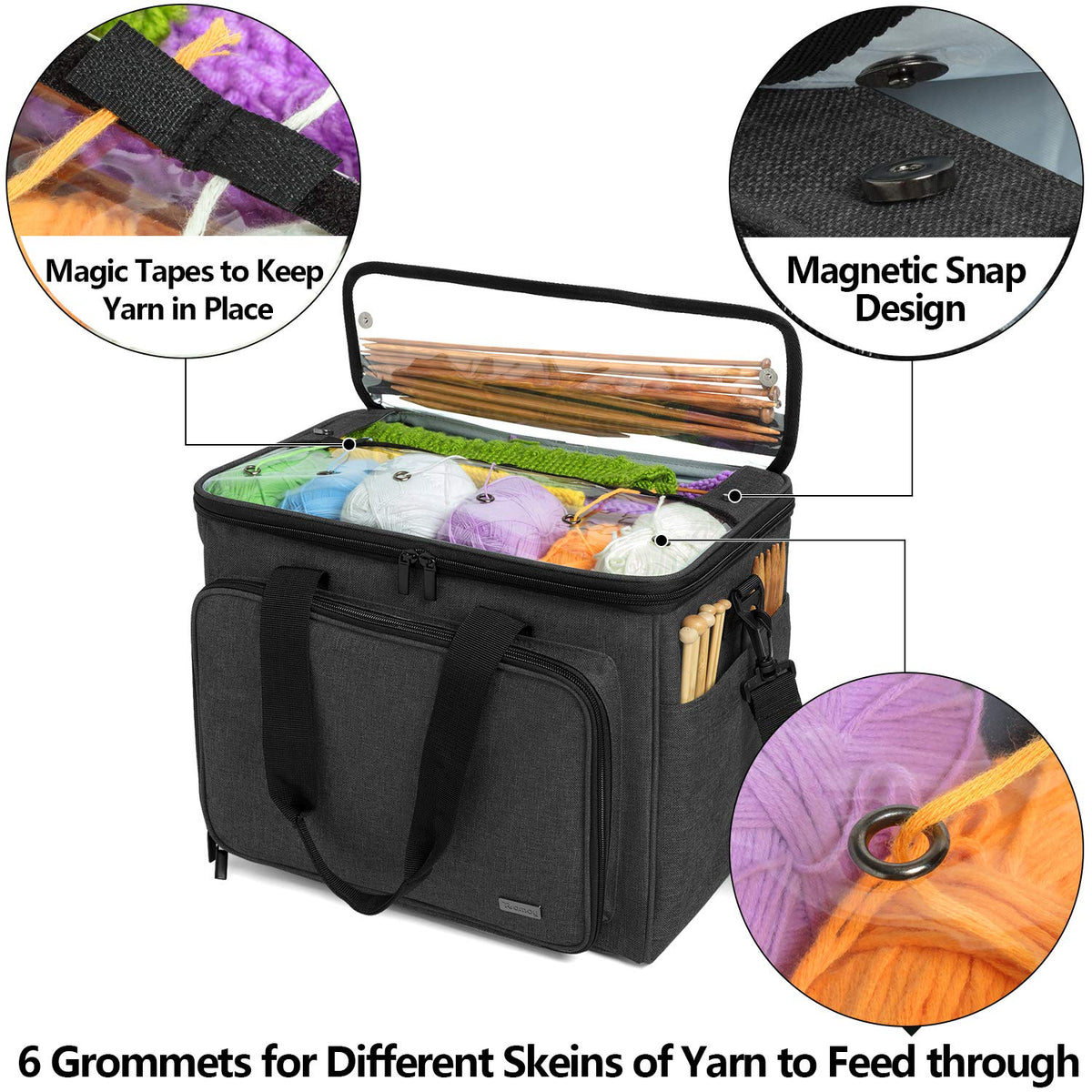 Teamoy Knitting Bag, Yarn Storage Organizer Crochet Bag Tote, Black