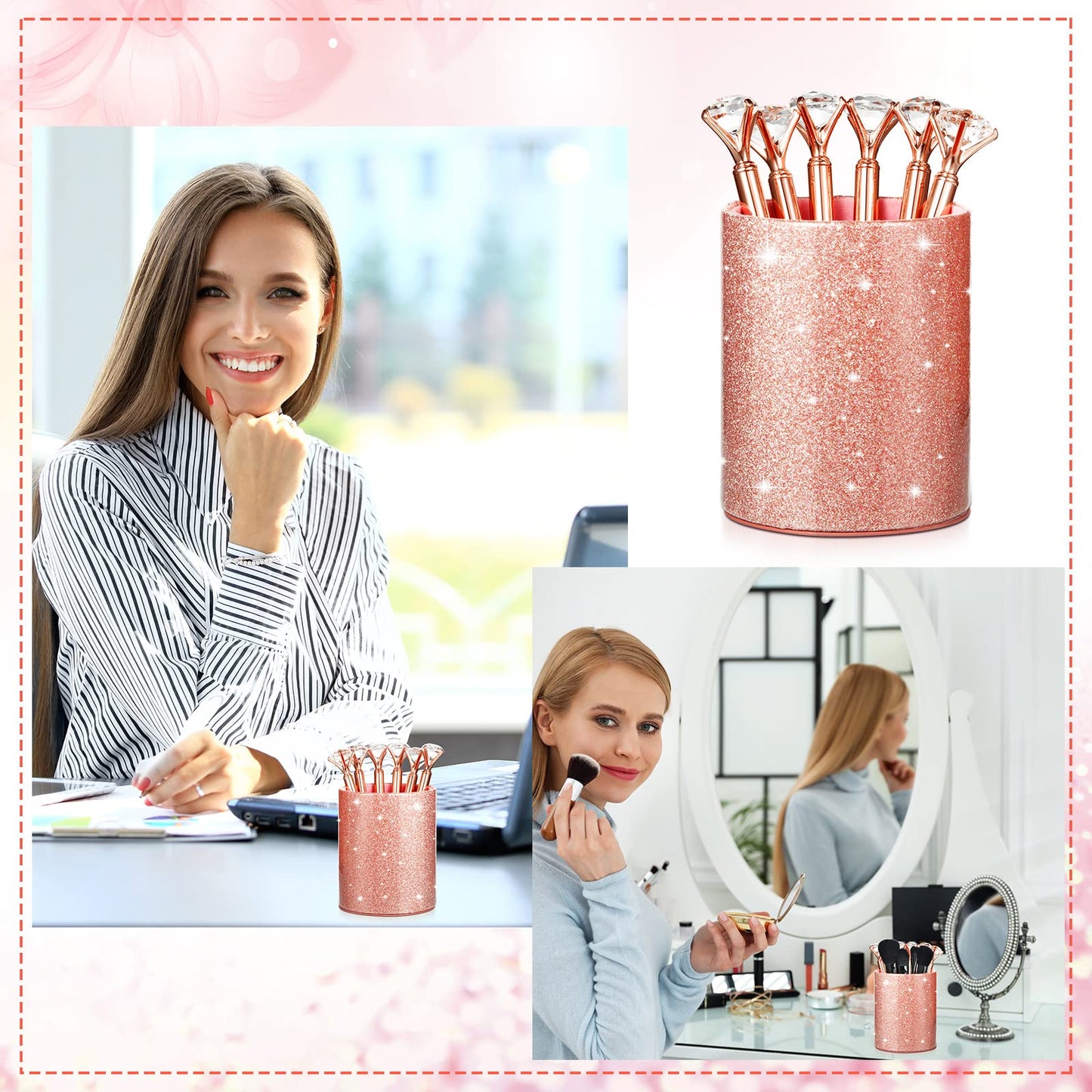 BBTO Pen Holder with 6 Pcs Bling Diamond Pens, Pencil Cups for Desk Glitter Bling Desk Organizer