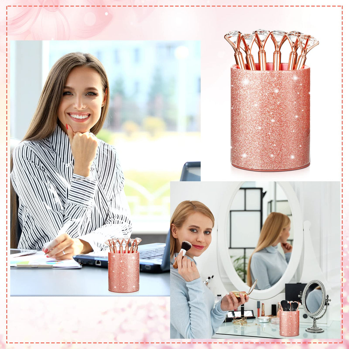 BBTO Pen Holder with 6 Pcs Bling Diamond Pens, Pencil Cups for Desk Glitter Bling Desk Organizer
