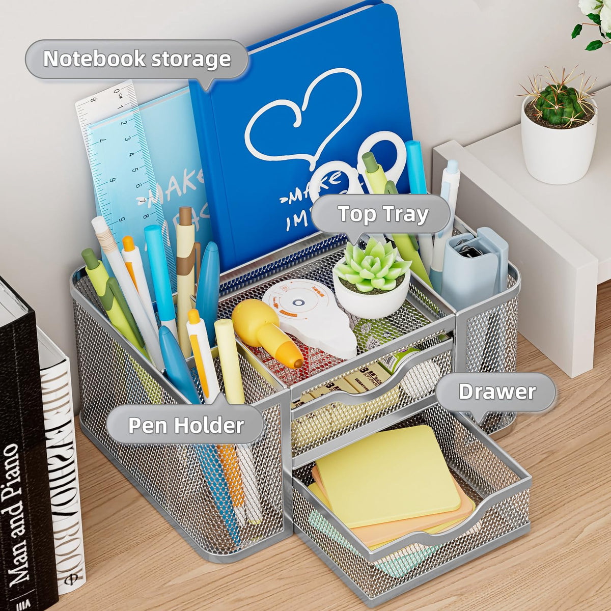 Marbrasse Mesh Desk Organizer, Pen Organizer with 2 Drawer, Multi-Functional Pencil Holder, Desk