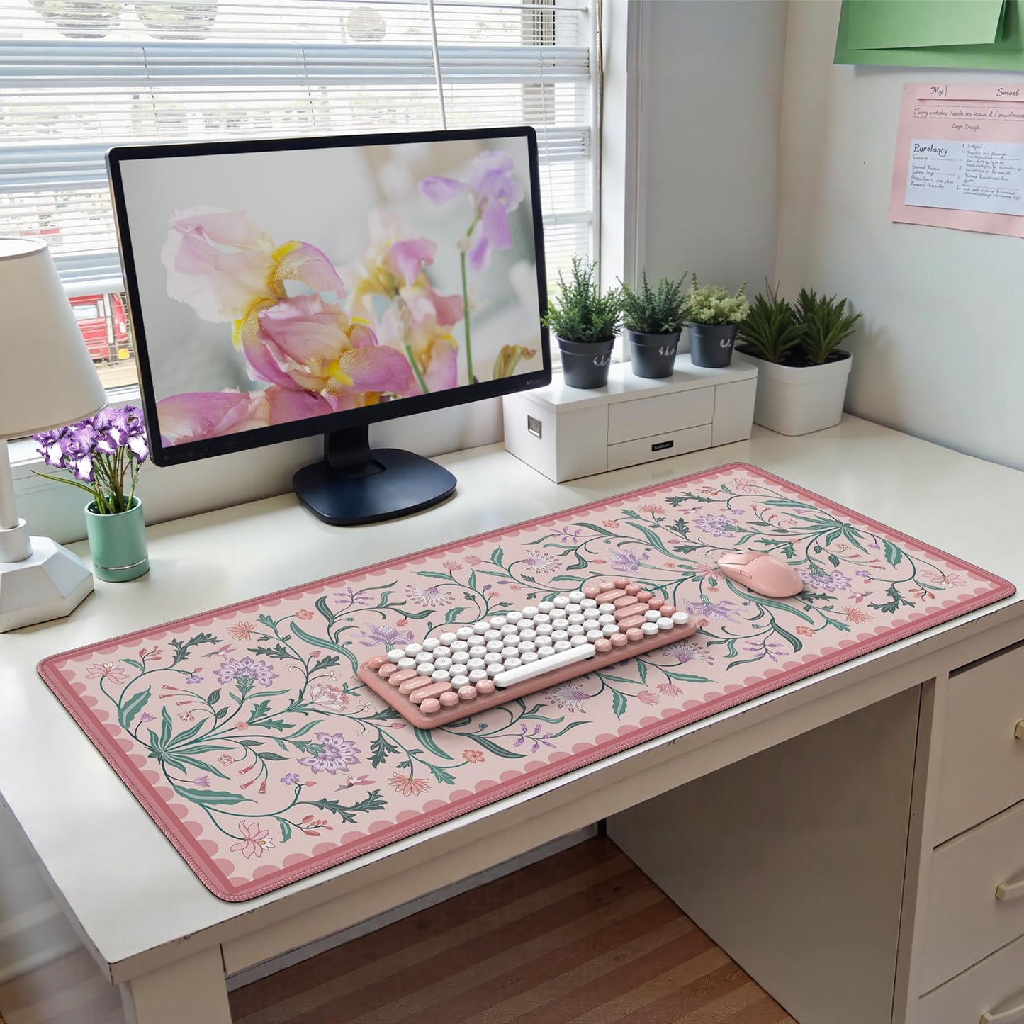 HAOCOO Aesthetic Flower Desk Mat, Pink Computer Pad for Office Dorm Decor