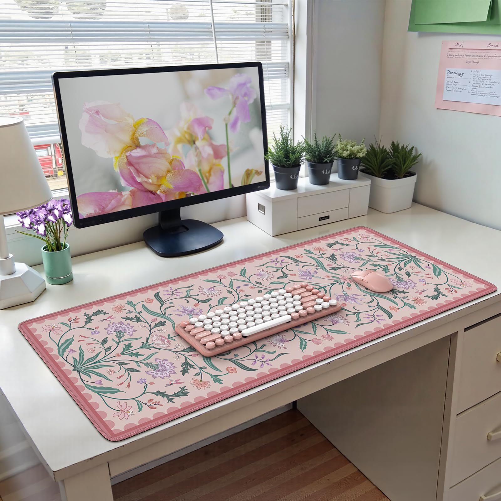 HAOCOO Aesthetic Flower Desk Mat, Pink Computer Pad for Office Dorm Decor